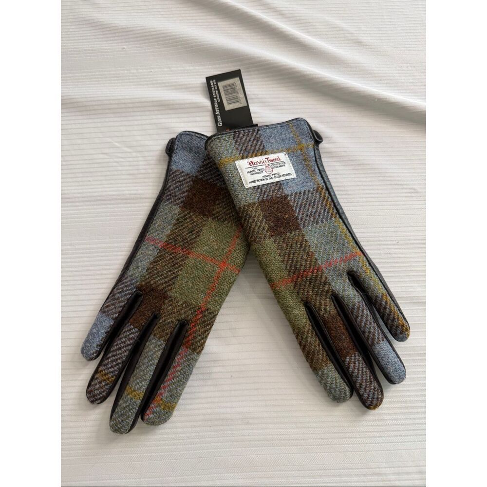 Glen Appin Wool Harris Tweed Gloves Women Size Small Scotland Blue Brown Plaid
